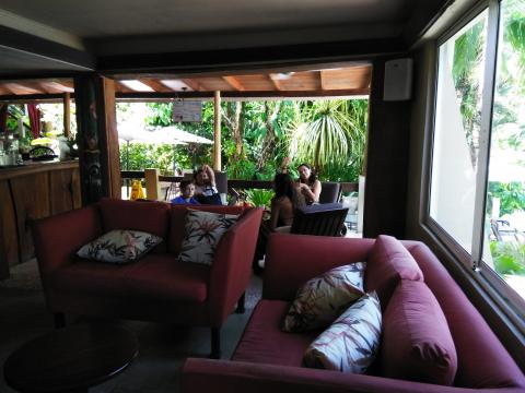 The Falls Resort Open Air Lobby in Manuel Antonio, Costa Rica with Myriam Norman, Isaac Soto, Marilyn Soto and Nicole Soto